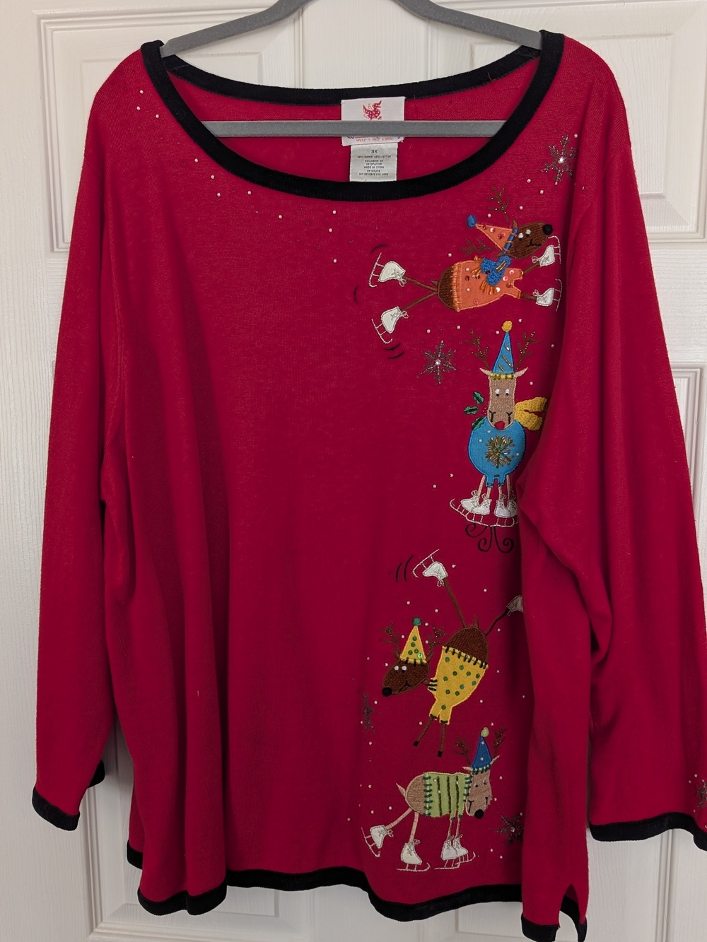 WOMENS 3X  Red Holiday Ice Skating Reindeer "UGLY" Sweater - Quacker Factory.
